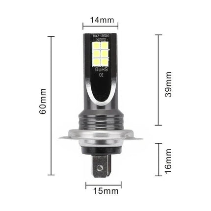 H7 Car LED Fog Light White Beam, Easy to Install, Pack of 2 - H7 LED fog bulb with dimensions 60mm x 14mm x 15mm, 6-LED array, metal base