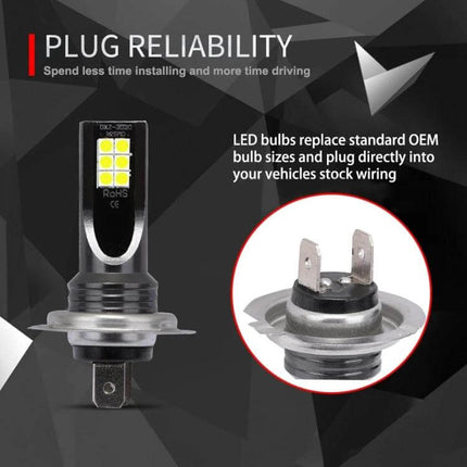 H7 Car LED Fog Light White Beam, Easy to Install, Pack of 2 - H7 LED fog bulb pair showing plug reliability and H7 base for quick installation
