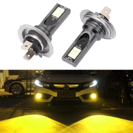 H7 Car LED Fog Light White Beam, Easy to Install, Pack of 2 - pair of H7 LED fog bulbs and yellow beam on car