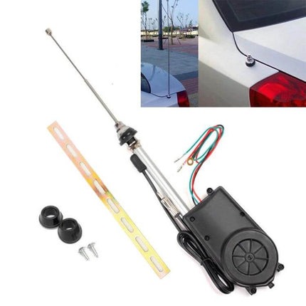 Adjustable Automatic Expansion Car Antenna for AM/FM Radio Use installed on car trunk with motorized base and mounting hardware