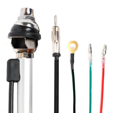 Adjustable Automatic Expansion Car Antenna for AM/FM Radio Use silver mast with black base and wiring kit, adjustable angle for clearer reception