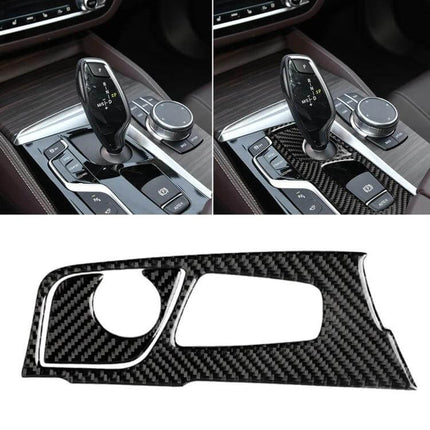 Carbon Fiber Gear Position Panel Sticker for BMW 5 Series G38 2018 applied on center console showing carbon fiber finish and shifter