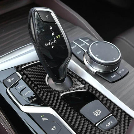 Carbon Fiber Gear Position Panel Sticker for BMW 5 Series G38 2018 installed on center console gear panel showing carbon fiber finish