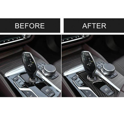 Carbon Fiber Gear Position Panel Sticker for BMW 5 Series G38 2018 shown before and after application on center gear panel