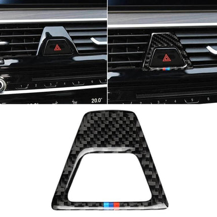 Tricolor Carbon Fiber Warning Light Sticker for BMW 5 Series shown installed on dashboard hazard button with carbon fiber texture and tricolor stripe