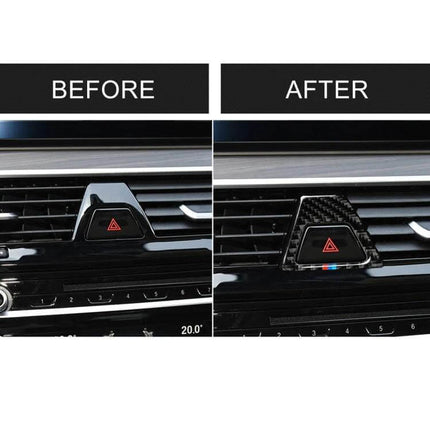 Tricolor Carbon Fiber Warning Light Sticker for BMW 5 Series installed on dashboard hazard button showing before and after carbon fiber trim with tricolor accents