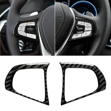 Carbon Fiber Decorative Sticker for BMW 5 Series Steering Wheel installed on steering wheel control trim, glossy carbon fiber finish