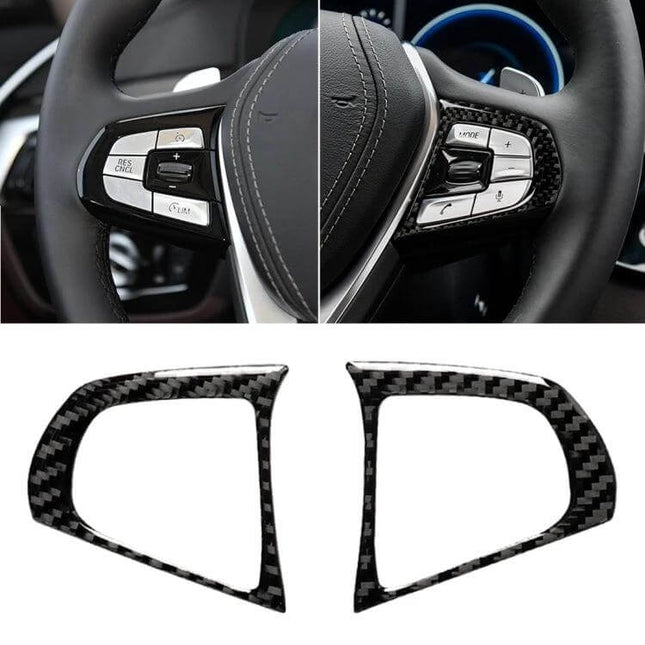 Carbon Fiber Decorative Sticker for BMW 5 Series Steering Wheel installed on steering wheel control trim, glossy carbon fiber finish