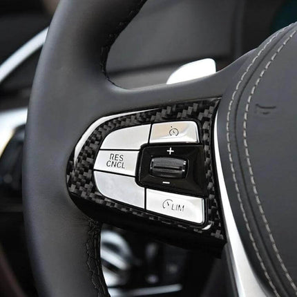 Carbon Fiber Decorative Sticker for BMW 5 Series Steering Wheel — close-up of carbon fiber steering wheel control trim on BMW 5 Series
