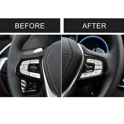 Carbon Fiber Decorative Sticker for BMW 5 Series Steering Wheel shown on steering wheel before and after application