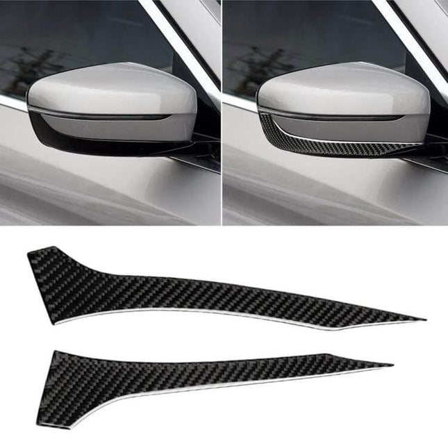 BMW Carbon Fiber Rearview Mirror Decorative Sticker applied to BMW side mirror for subtle carbon fiber interior styling, fits G30 G11 models
