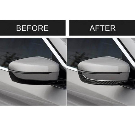 BMW Carbon Fiber Rearview Mirror Decorative Sticker showing before and after fitment on BMW G30/G11 side mirror, subtle carbon fiber trim upgrade