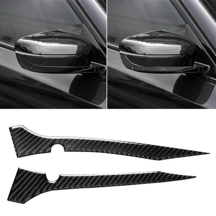 Carbon Fiber Decorative Stickers for BMW Rearview Mirrors shown on BMW side mirror before and after installation, G30 G11 compatible