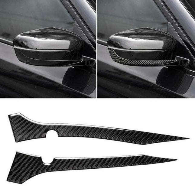 Carbon Fiber Decorative Stickers for BMW Rearview Mirrors shown on BMW side mirror before and after installation, G30 G11 compatible