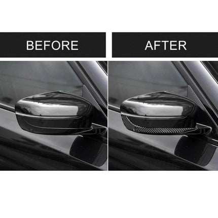 Carbon Fiber Decorative Stickers for BMW Rearview Mirrors showing before and after mirror trim upgrade on black BMW side mirror