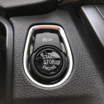 BMW Engine Start Push Button Cover for G and F Chassis Models installed on black leather dashboard around start stop engine button