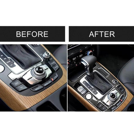 Carbon Fiber Decorative Sticker for Audi Gear Panel shown before and after interior upgrade on Audi center console