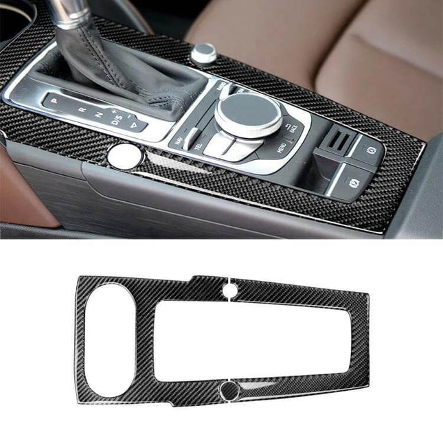 Audi A3 2014-2017 Carbon Fiber Gear Panel Decorative Sticker applied on center console for subtle interior upgrade