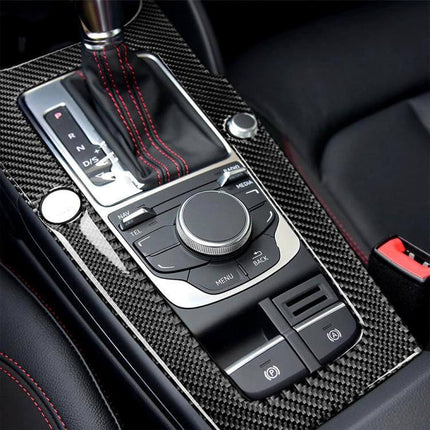 Audi A3 2014-2017 Carbon Fiber Gear Panel Decorative Sticker applied to interior gear panel with red-stitched shift boot