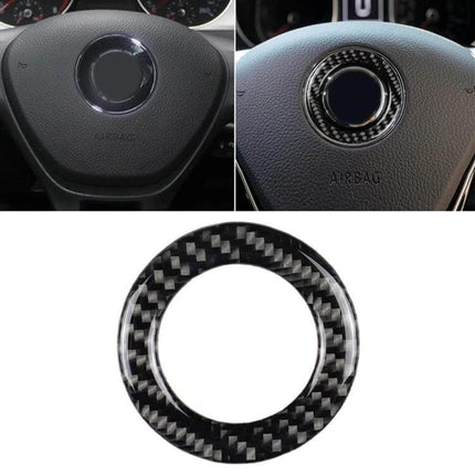 Carbon Fiber Steering Wheel Decorative Ring for Volkswagen Cars shown installed and standalone, glossy carbon weave dashboard trim upgrade