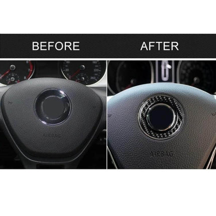 Carbon Fiber Steering Wheel Decorative Ring for Volkswagen Cars shown before and after installation on a Volkswagen steering wheel center