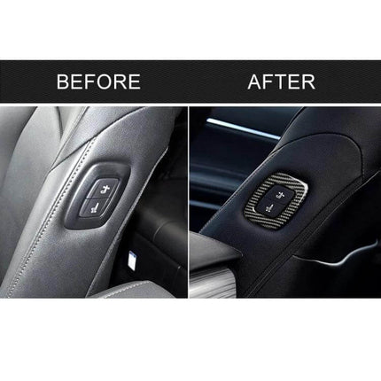 Carbon Fiber Decorative Sticker for Toyota Camry Seat Adjustment shown before and after on seat adjustment panel, carbon fiber trim upgrade