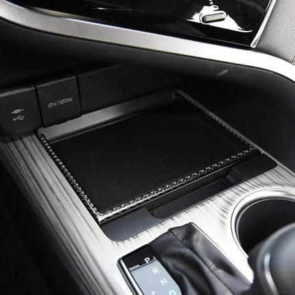 Carbon Fiber U-Shape Storage Box for Toyota Camry 2018-2019 installed in center console showing carbon fiber trim and storage space