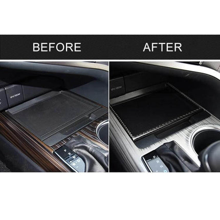 Carbon Fiber U-Shape Storage Box for Toyota Camry 2018-2019 installed in center console before and after showing organized space