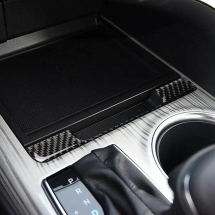 Carbon Fiber Decorative Sticker for Toyota Camry Storage Box installed on center console near cup holder, carbon fiber texture, easy-install, 2018-2019 Camry