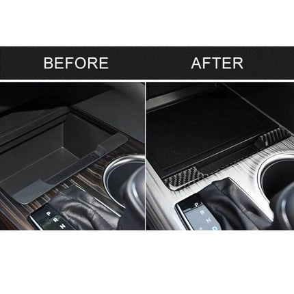 Before and after install of Carbon Fiber Decorative Sticker for Toyota Camry Storage Box on 2018-2019 Camry center console