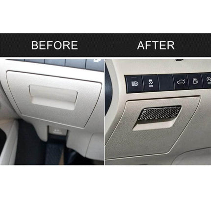 Carbon Fiber Decorative Sticker for Toyota Camry Handle shown on glove box before and after application enhancing interior trim