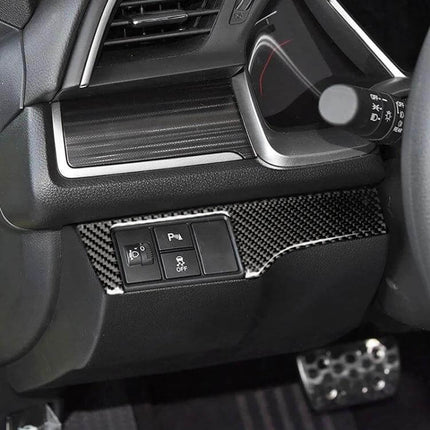 Carbon Fiber Headlight Switch Decorative Sticker for Honda Civic 2016-2019 installed on dashboard near headlight controls