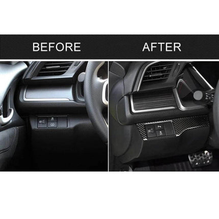 Carbon Fiber Headlight Switch Decorative Sticker for Honda Civic 2016-2019 shown before and after dashboard install