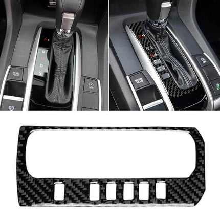 Carbon Fiber Gear Frame Sticker for Honda Civic 2016-2019 installed on black interior gear shift area, glossy carbon fiber finish
