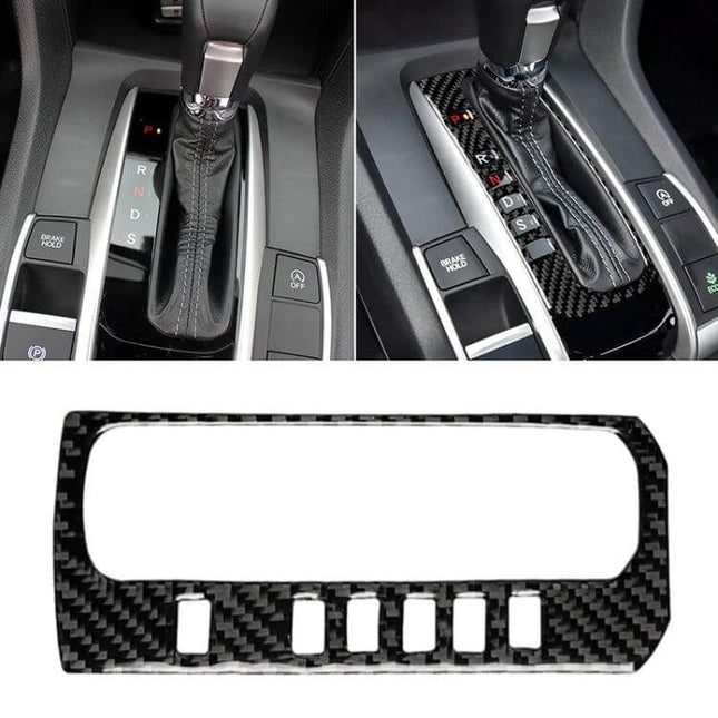 Carbon Fiber Gear Frame Sticker for Honda Civic 2016-2019 installed on black interior gear shift area, glossy carbon fiber finish