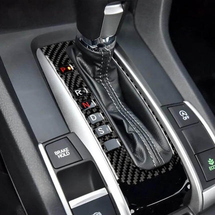Carbon Fiber Gear Frame Sticker for Honda Civic 2016-2019 installed on gear shift area showing carbon fiber texture and stitch detail