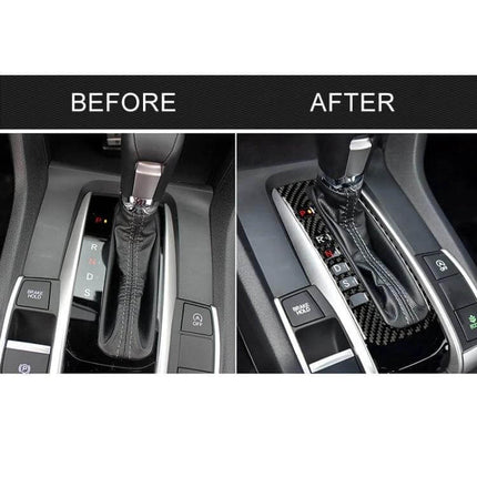Before and after interior view showing Carbon Fiber Gear Frame Sticker for Honda Civic 2016-2019 installed around the gear shifter, subtle protective upgrade