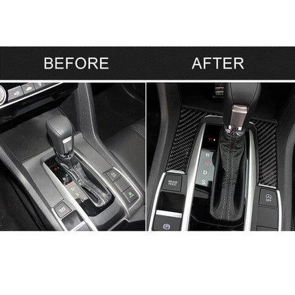Decorative Carbon Fiber Sticker for Honda Civic Gear Panel showing before and after gear console transformation with textured carbon fiber finish