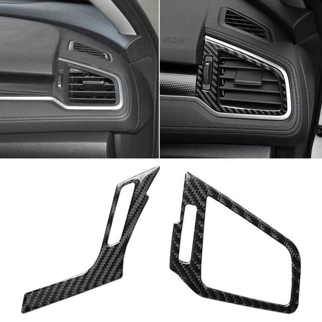 Carbon Fiber Right and Left Air Outlet Sticker for Honda Civic 2016-2019 installed on dashboard vents, close-up of carbon fiber finish