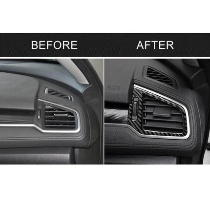 Carbon Fiber Right and Left Air Outlet Sticker for Honda Civic 2016-2019 - before and after dashboard vent styling showing carbon fiber finish