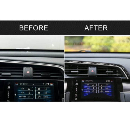 Carbon Fiber Decorative Sticker for Honda Civic 2016-2019 applied to dashboard trim before and after showing sleek carbon fiber finish