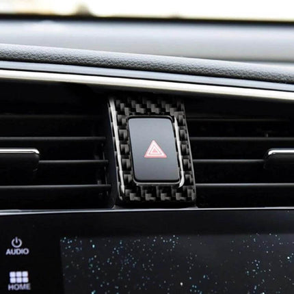 Carbon Fiber Double Flash Frame Sticker for Honda Civic 2016-2019 installed on dashboard hazard button, lightweight carbon fiber finish enhancing interior style