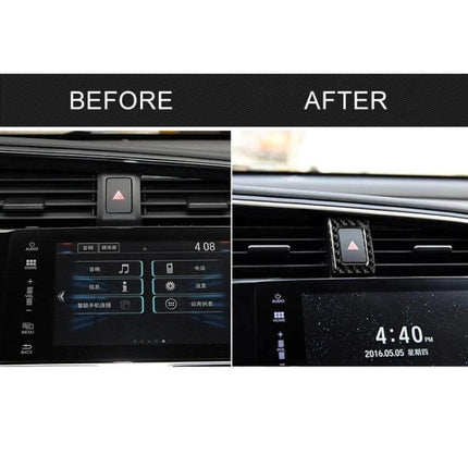 Carbon Fiber Double Flash Frame Sticker for Honda Civic 2016-2019 installed on center dash emergency button before and after view
