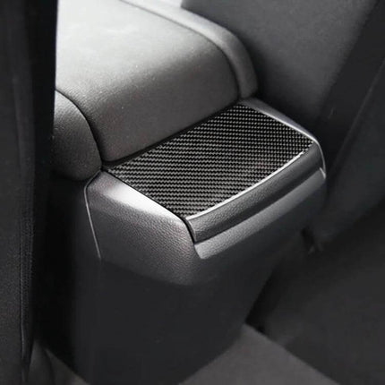 Carbon Fiber Decorative Rear Cover for Honda Civic 2016-2019 installed on rear center armrest, textured carbon fiber finish enhancing interior look
