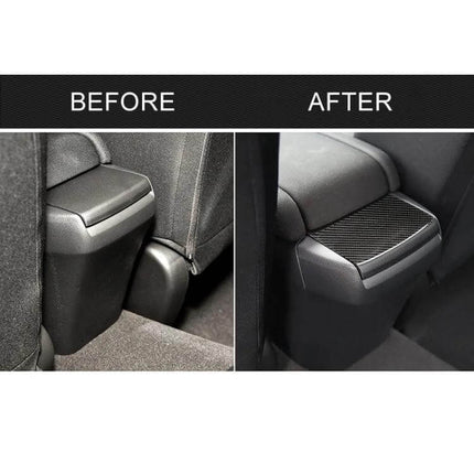 Carbon Fiber Decorative Rear Cover for Honda Civic 2016-2019 installed on rear center console showing before and after