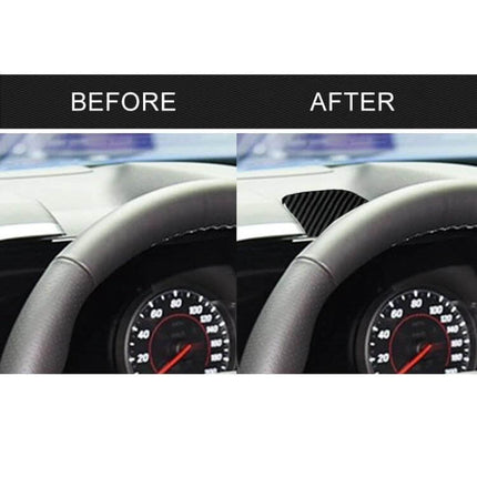 Carbon Fiber Dashboard Sticker for Chevrolet Camaro 2017-2019 shown before and after installation on dashboard near steering wheel