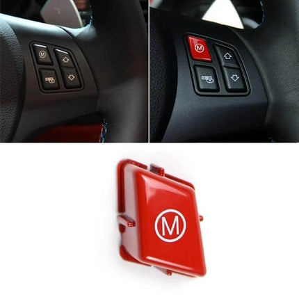 Decorative Wheel M Trim Cover for BMW 3 Series in Blue steering wheel button close-up showing blue M trim cover and red example piece