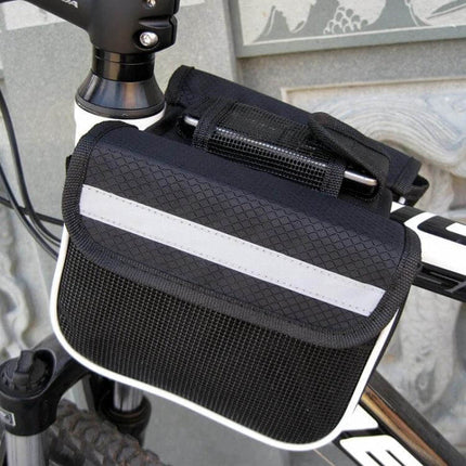 Bicycle Phone Bag For Mountain And Road Bikes With Reflective Strips mounted on bike frame showing mesh pocket and reflective strip