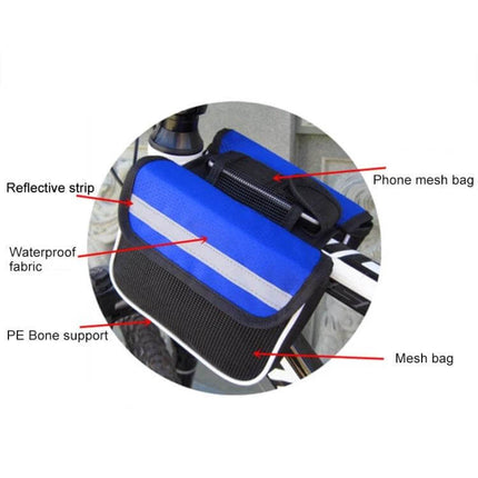 Bicycle Phone Bag For Mountain And Road Bikes With Reflective Strips on bike top tube showing mesh pocket, reflective strip and waterproof polyester storage