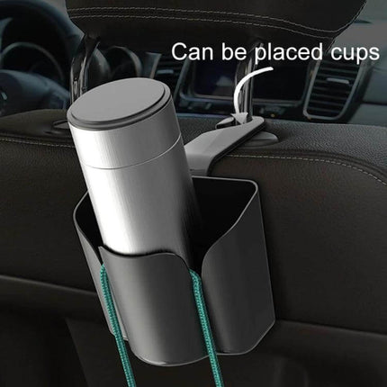 Car Back Seat Hook for Trash Storage and Organization hanging on headrest holding a cup and small items to keep car interior organized